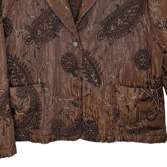 Chico's Womens Size 3 Brown Paisley Embroidered Jacket Blazer Coat Two Pockets - Picture 5 of 14